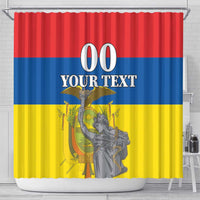 Ecuador flag shower curtain with monument graphic and bold '00 YOUR TEXT'