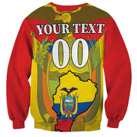 Red unisex sweatshirt, back graphic with 'YOUR TEXT 00' and Ecuador emblem.