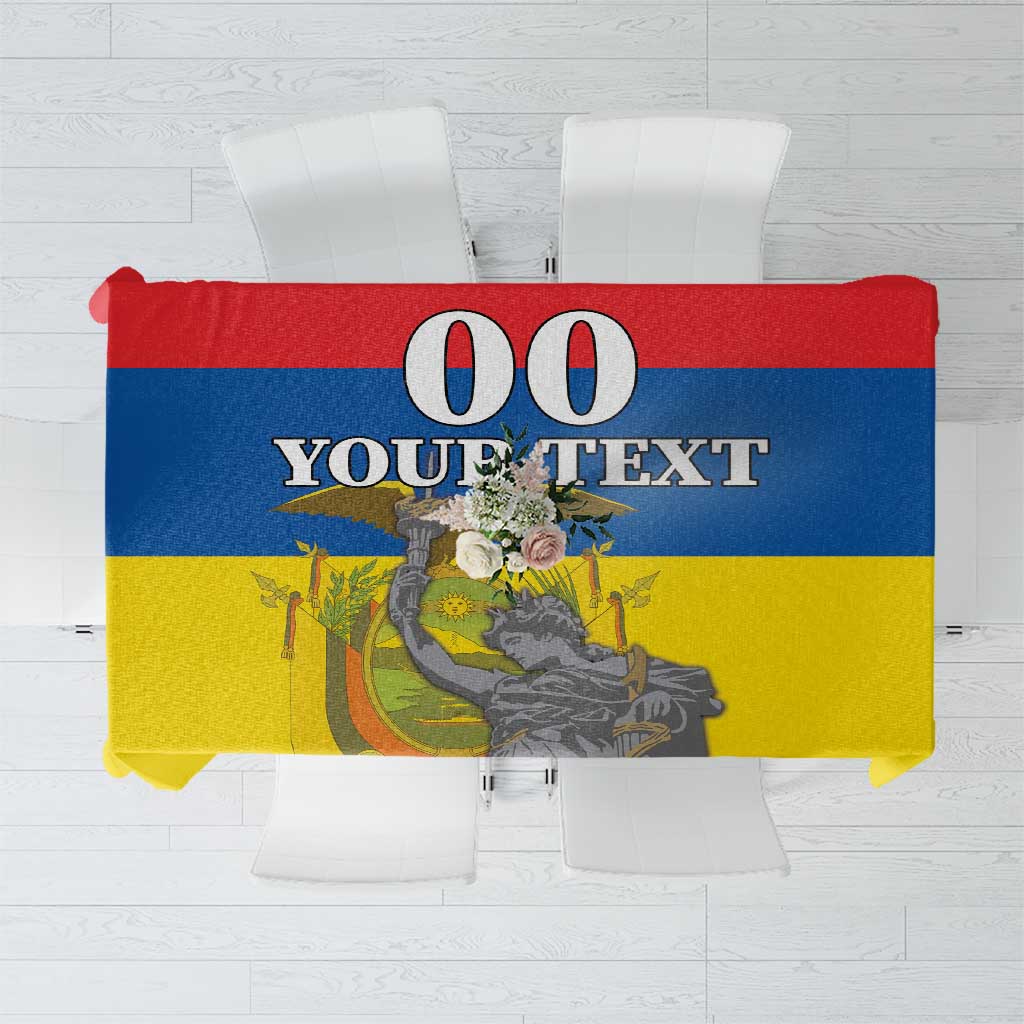 Rectangular tablecloth with multicolor Ecuador flag design and monument graphic