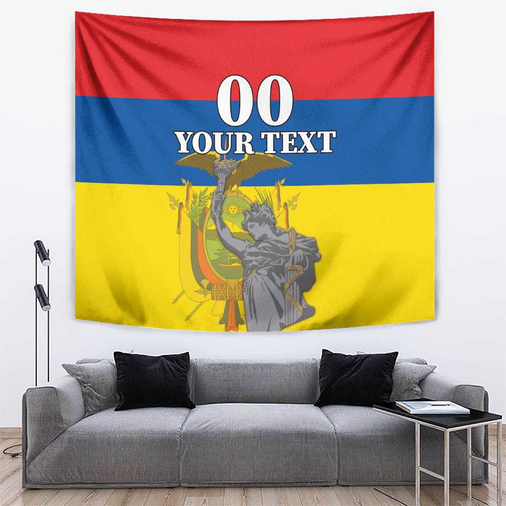 Ecuador flag tapestry with monument illustration and centered "00 YOUR TEXT"