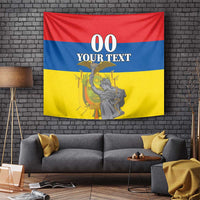 Ecuador flag tapestry featuring monument artwork and the text "00 YOUR TEXT"