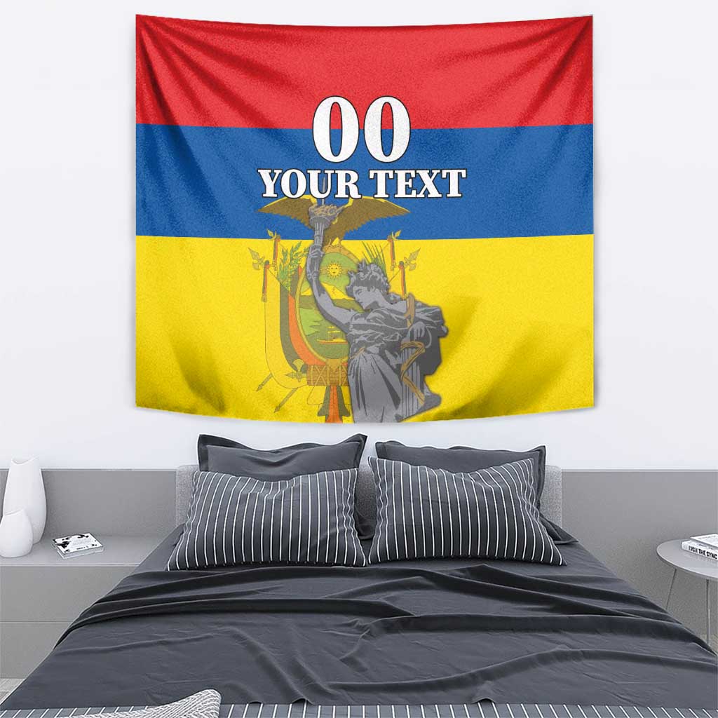 Ecuador flag tapestry in red, blue, and yellow with monument art and "00 YOUR TEXT"