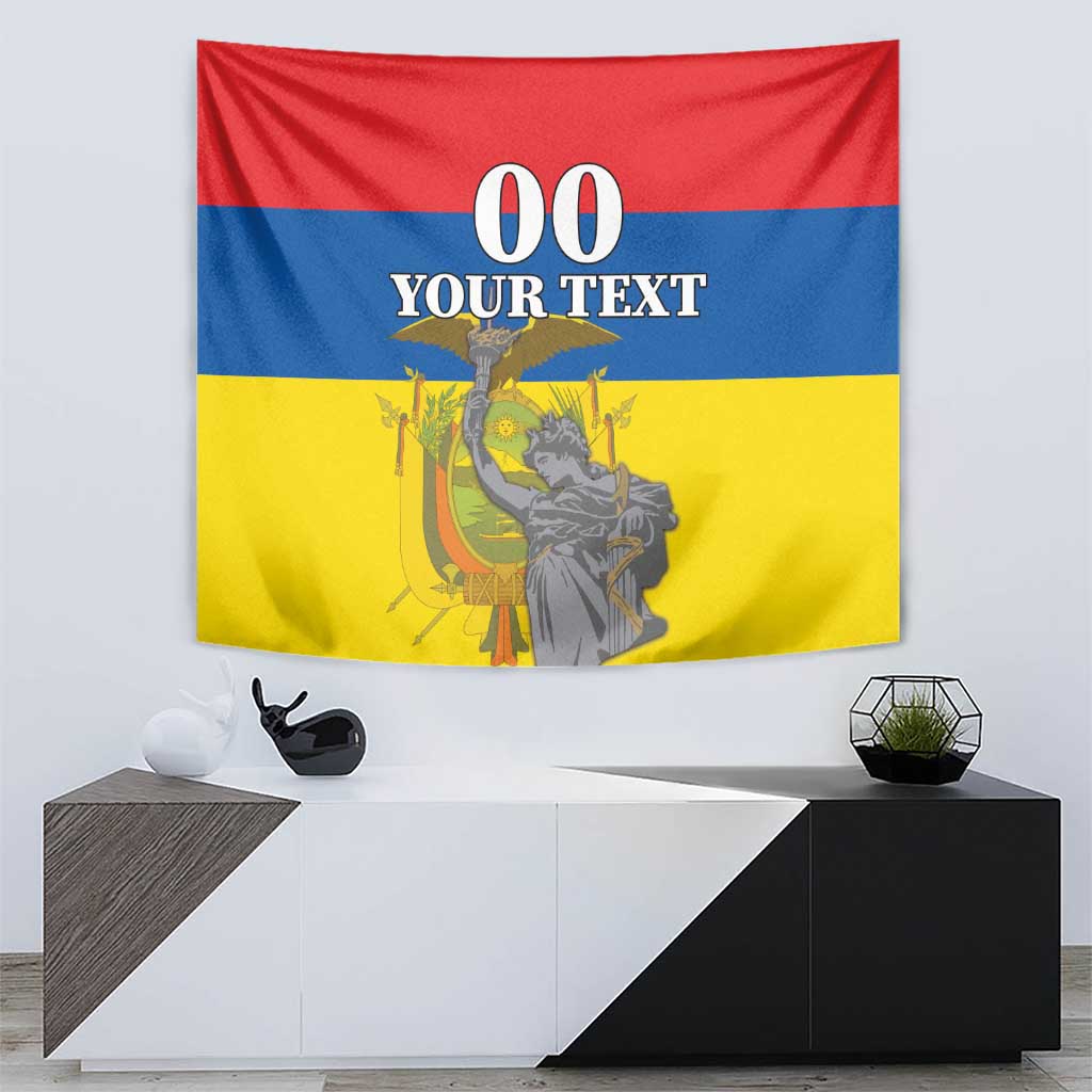 Ecuador flag tapestry in red, blue, and yellow with monument art and "00 YOUR TEXT"