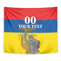 Close-up Ecuador flag tapestry with monument artwork and "00 YOUR TEXT"