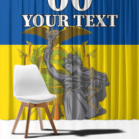 Custom window curtain with red, blue, and yellow design and central monument graphic