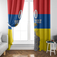 Custom window curtain with draped side, red-blue-yellow monument design by window