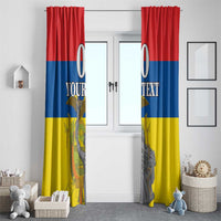 Custom window curtain pair in red, blue, and yellow with monument figure and text