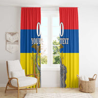 Custom window curtain pair with red top, blue band, yellow bottom and monument artwork
