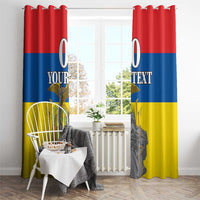 Custom window curtain pair on rod with red-blue-yellow flag design and monument print