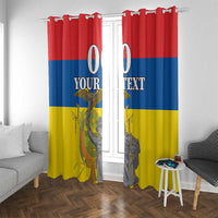 Custom window curtain pair with red header and red-blue-yellow monument graphic at window