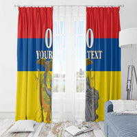 Custom window curtain pair with ring top on rod, red-blue-yellow monument graphic