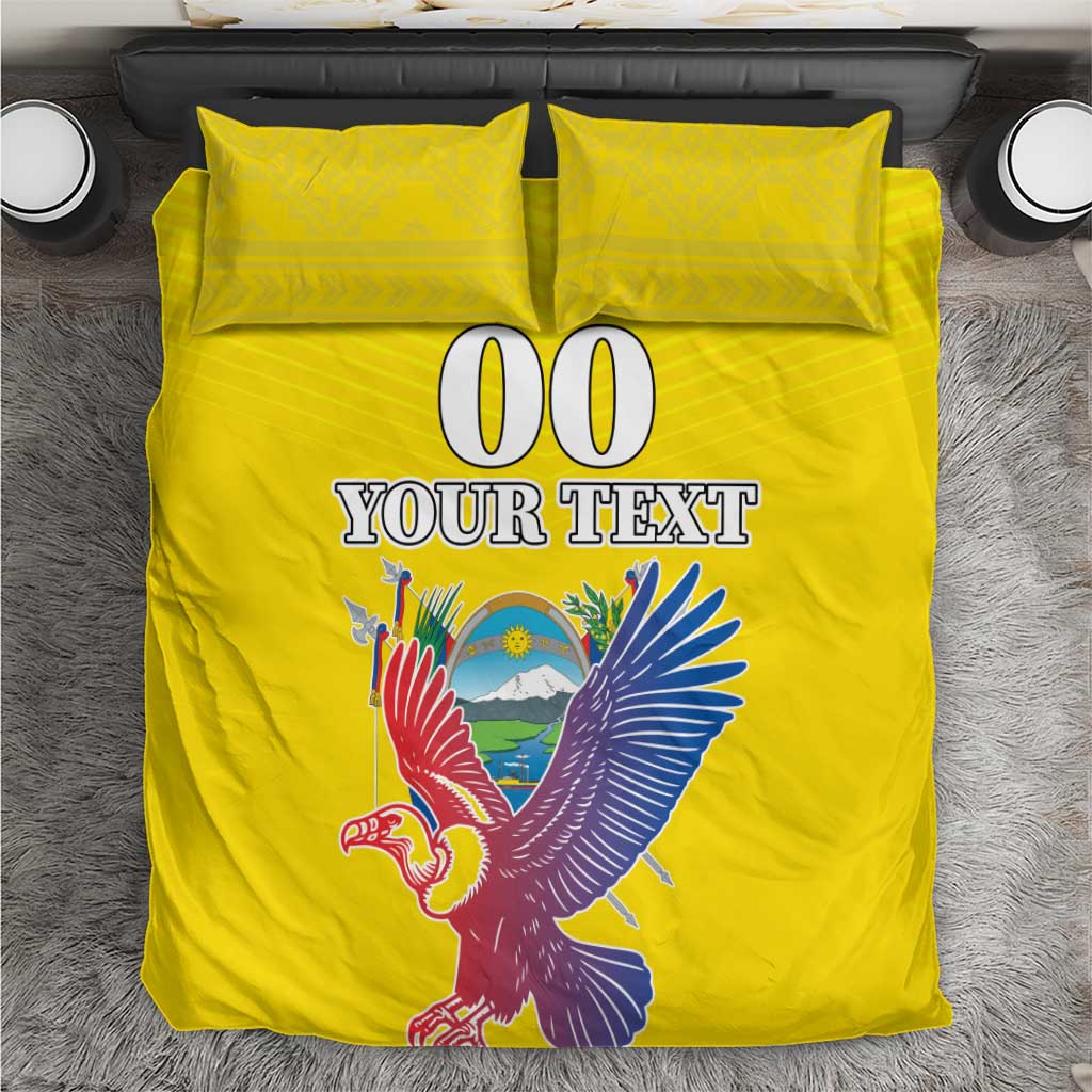 Yellow bedding set: 2 pillows with condor graphic and "00 YOUR TEXT" on duvet