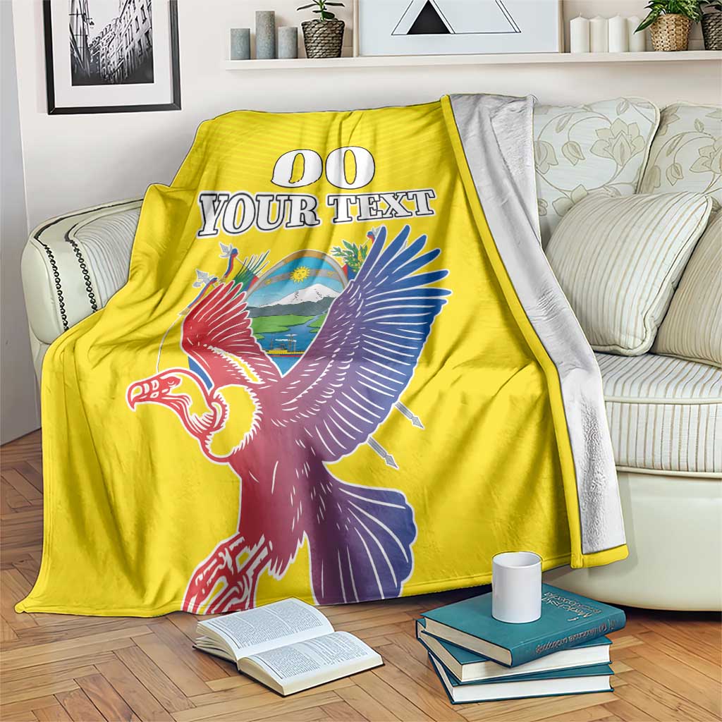 Yellow custom blanket with your text and colorful condor print, laid on couch