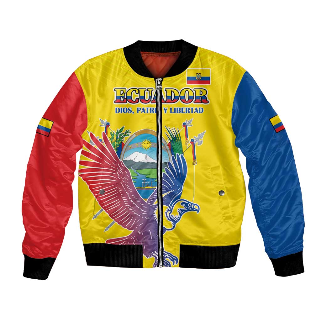 Yellow unisex bomber jacket with zip, red/blue sleeves, Andean condor crest front