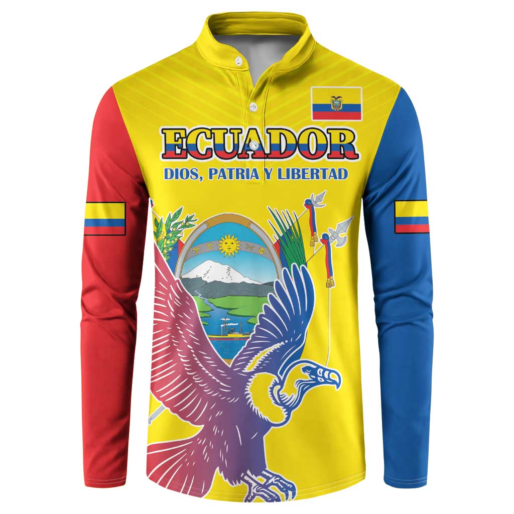 Yellow button-front sweatshirt with Ecuador text, condor graphic, and coat of arms patch