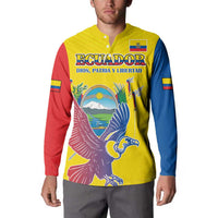 Yellow button-front sweatshirt on model with Ecuador text and condor front graphic
