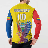 Yellow button-front sweatshirt back on model with “YOUR TEXT 00” and condor artwork