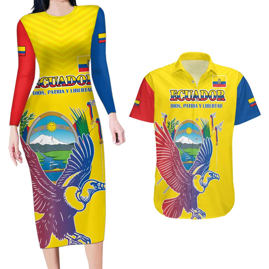 Custom Ecuador Independence Day Couples Matching Long Sleeve Bodycon Dress and Hawaiian Shirt Andean Condor With Coat Of Arms - Wonder Print Shop