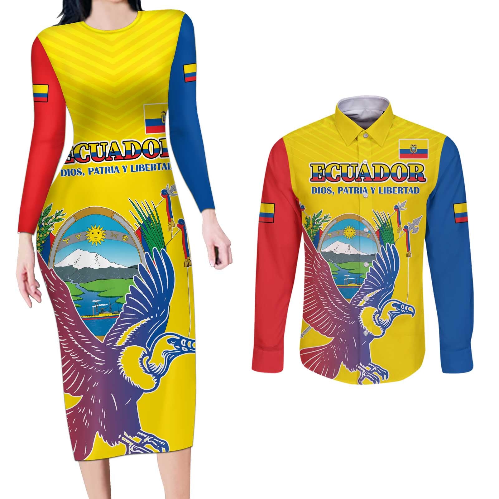 Custom Ecuador Independence Day Couples Matching Long Sleeve Bodycon Dress and Long Sleeve Button Shirt Andean Condor With Coat Of Arms - Wonder Print Shop