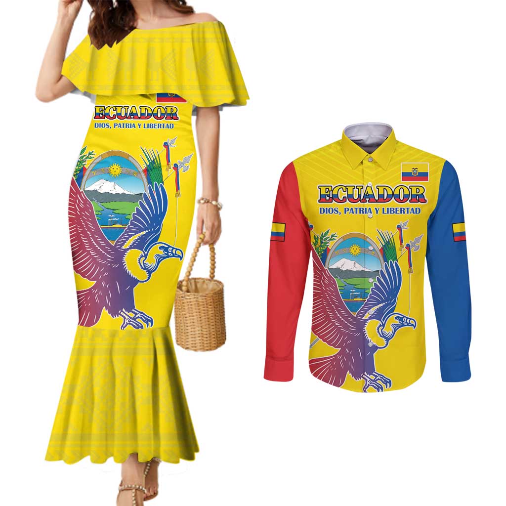 Custom Ecuador Independence Day Couples Matching Mermaid Dress and Long Sleeve Button Shirt Andean Condor With Coat Of Arms