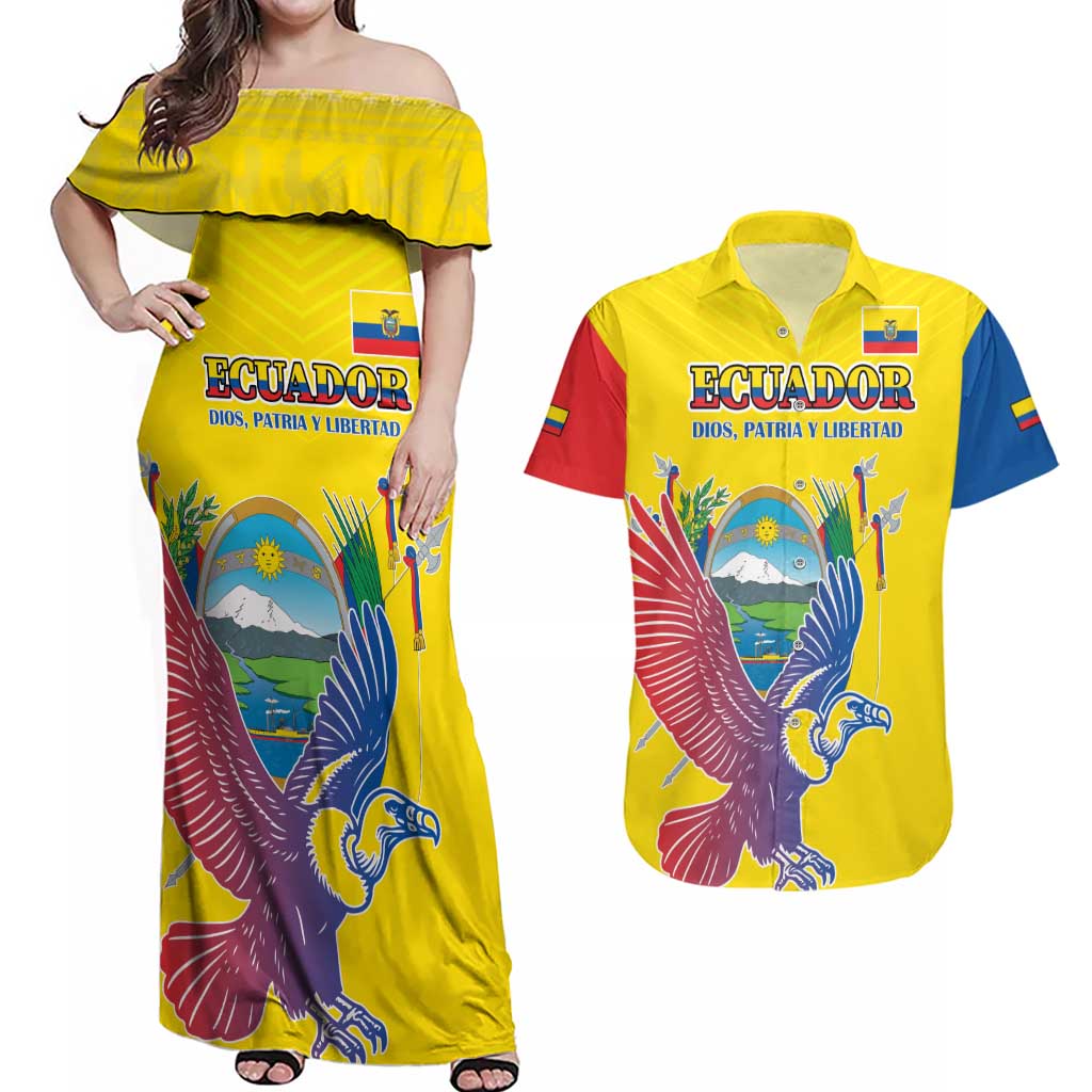 Custom Ecuador Independence Day Couples Matching Off Shoulder Maxi Dress and Hawaiian Shirt Andean Condor With Coat Of Arms - Wonder Print Shop