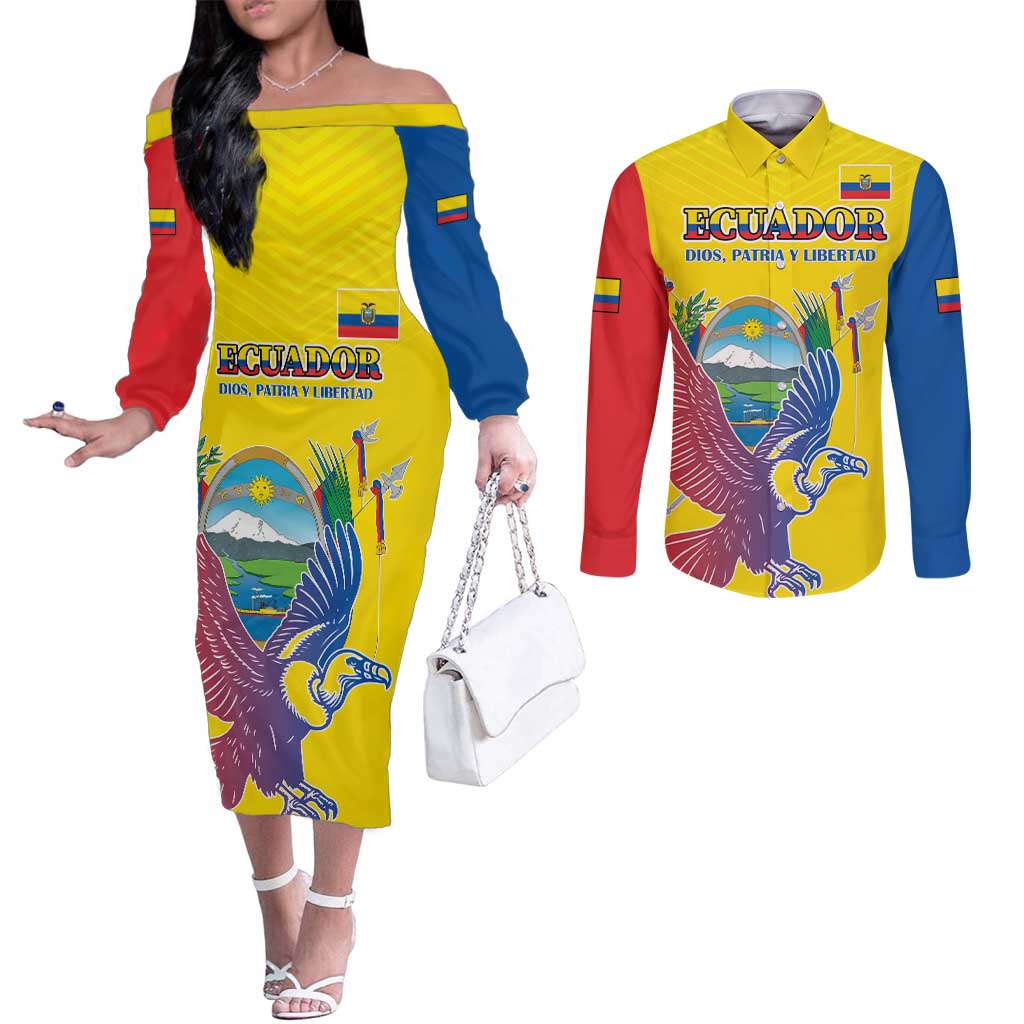 Custom Ecuador Independence Day Couples Matching Off The Shoulder Long Sleeve Dress and Long Sleeve Button Shirt Andean Condor With Coat Of Arms