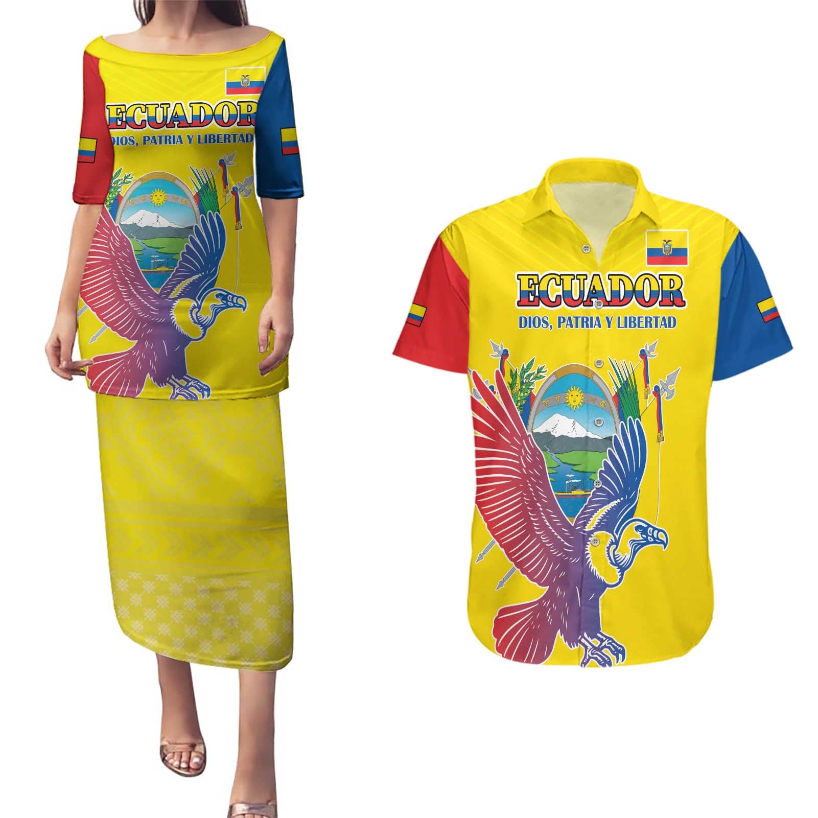 Custom Ecuador Independence Day Couples Matching Puletasi and Hawaiian Shirt Andean Condor With Coat Of Arms - Wonder Print Shop