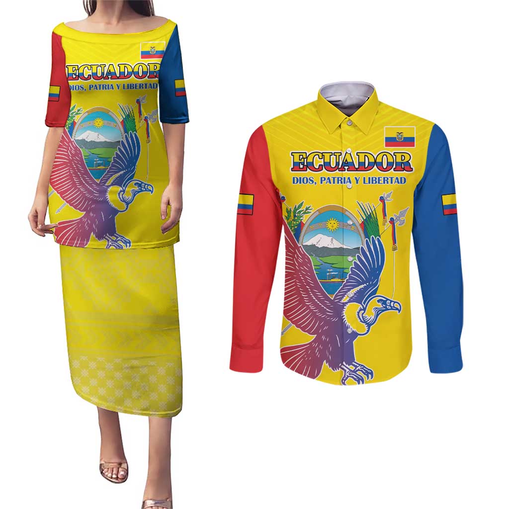 Custom Ecuador Independence Day Couples Matching Puletasi and Long Sleeve Button Shirt Andean Condor With Coat Of Arms - Wonder Print Shop