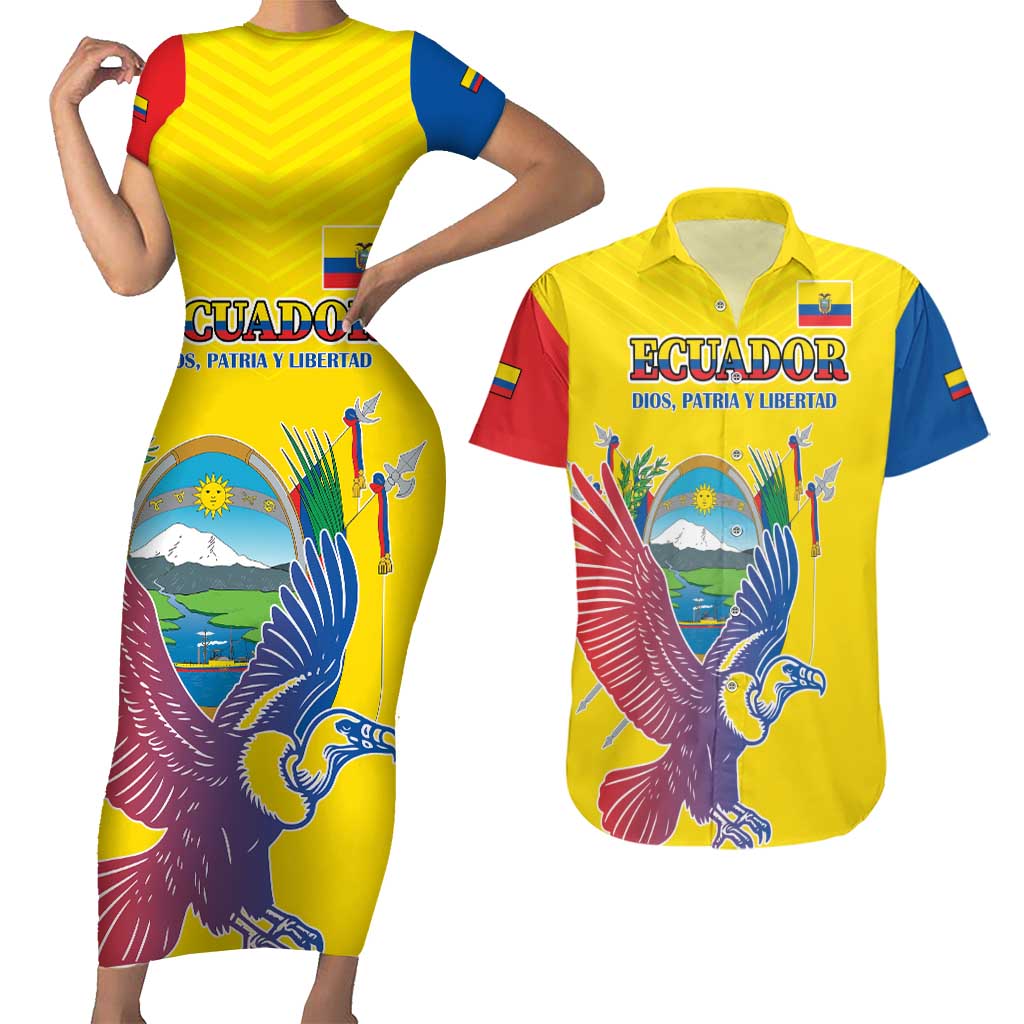 Custom Ecuador Independence Day Couples Matching Short Sleeve Bodycon Dress and Hawaiian Shirt Andean Condor With Coat Of Arms - Wonder Print Shop