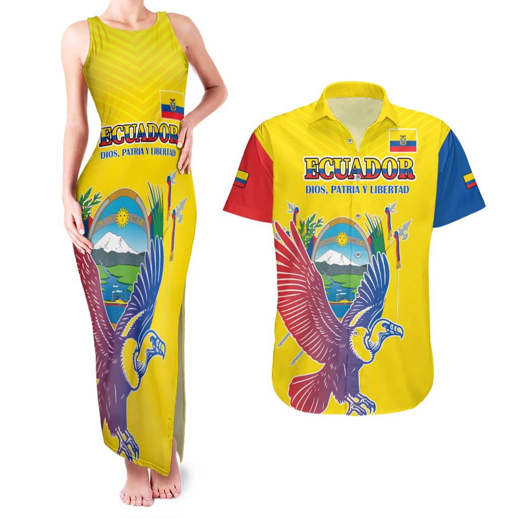 Custom Ecuador Independence Day Couples Matching Tank Maxi Dress and Hawaiian Shirt Andean Condor With Coat Of Arms - Wonder Print Shop