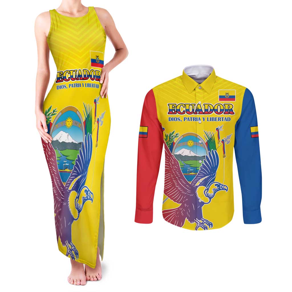 Custom Ecuador Independence Day Couples Matching Tank Maxi Dress and Long Sleeve Button Shirt Andean Condor With Coat Of Arms - Wonder Print Shop