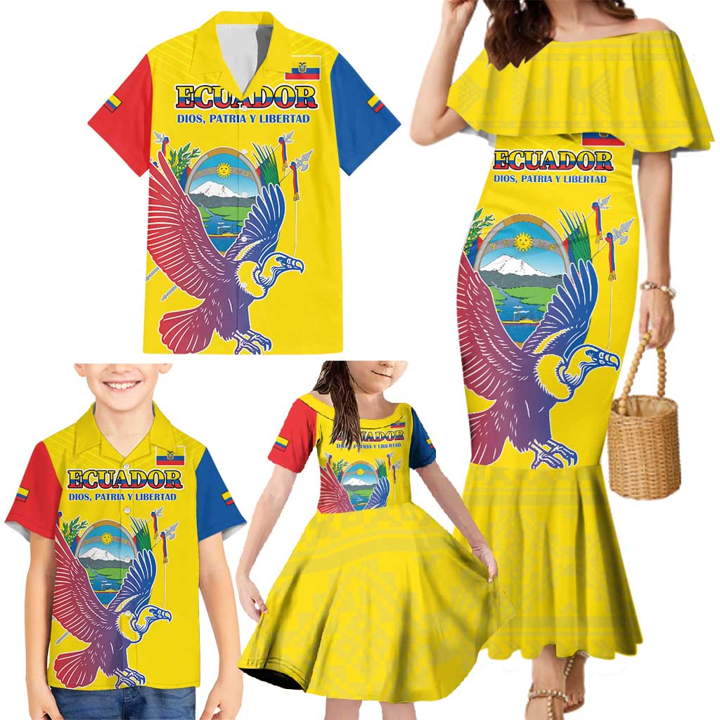 Custom Ecuador Independence Day Family Matching Mermaid Dress and Hawaiian Shirt Andean Condor With Coat Of Arms - Wonder Print Shop