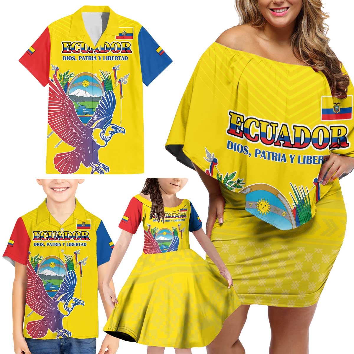 Custom Ecuador Independence Day Family Matching Off Shoulder Short Dress and Hawaiian Shirt Andean Condor With Coat Of Arms - Wonder Print Shop