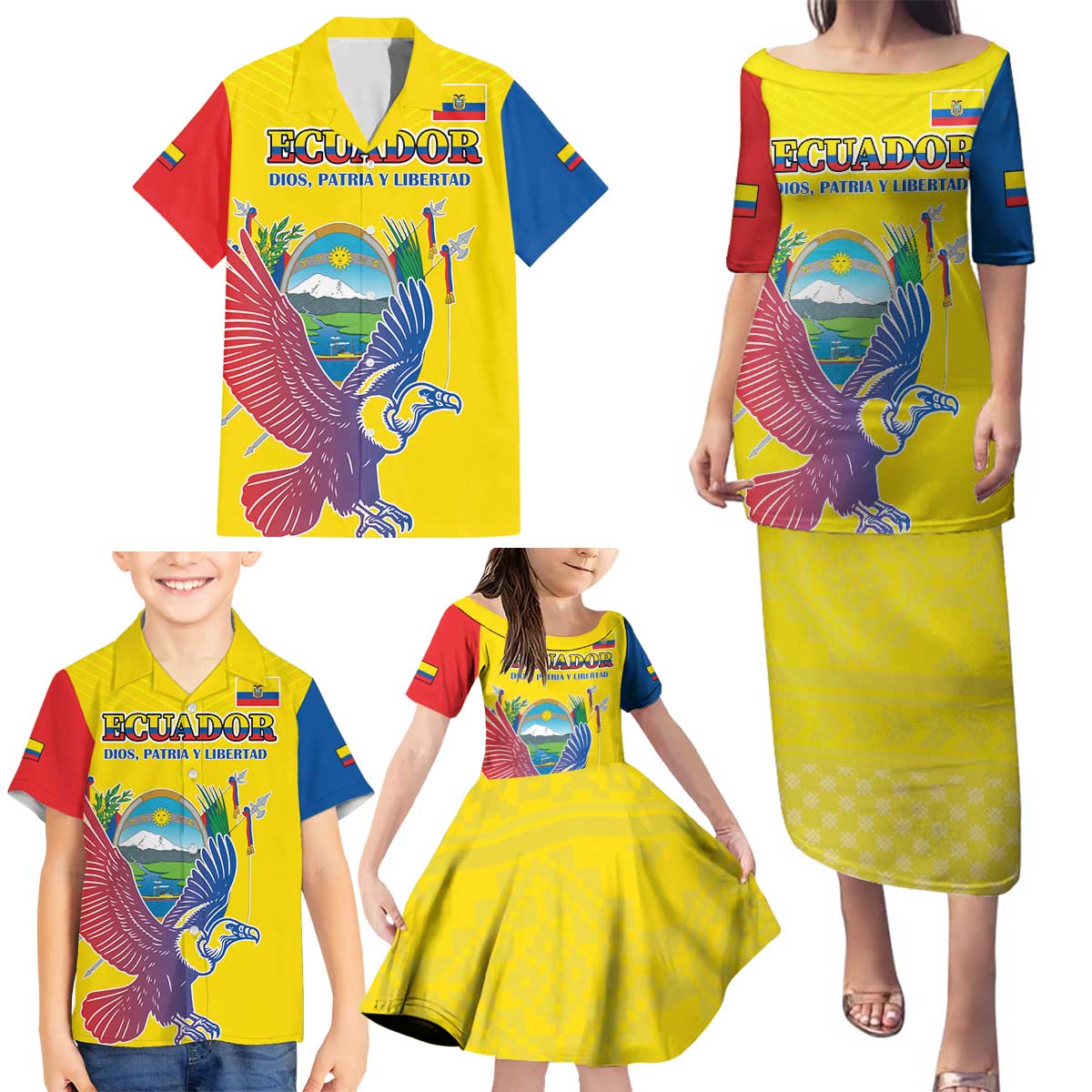 Custom Ecuador Independence Day Family Matching Puletasi and Hawaiian Shirt Andean Condor With Coat Of Arms - Wonder Print Shop