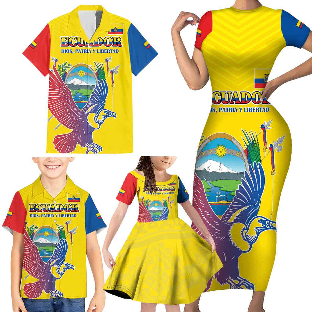 Custom Ecuador Independence Day Family Matching Short Sleeve Bodycon Dress and Hawaiian Shirt Andean Condor With Coat Of Arms - Wonder Print Shop