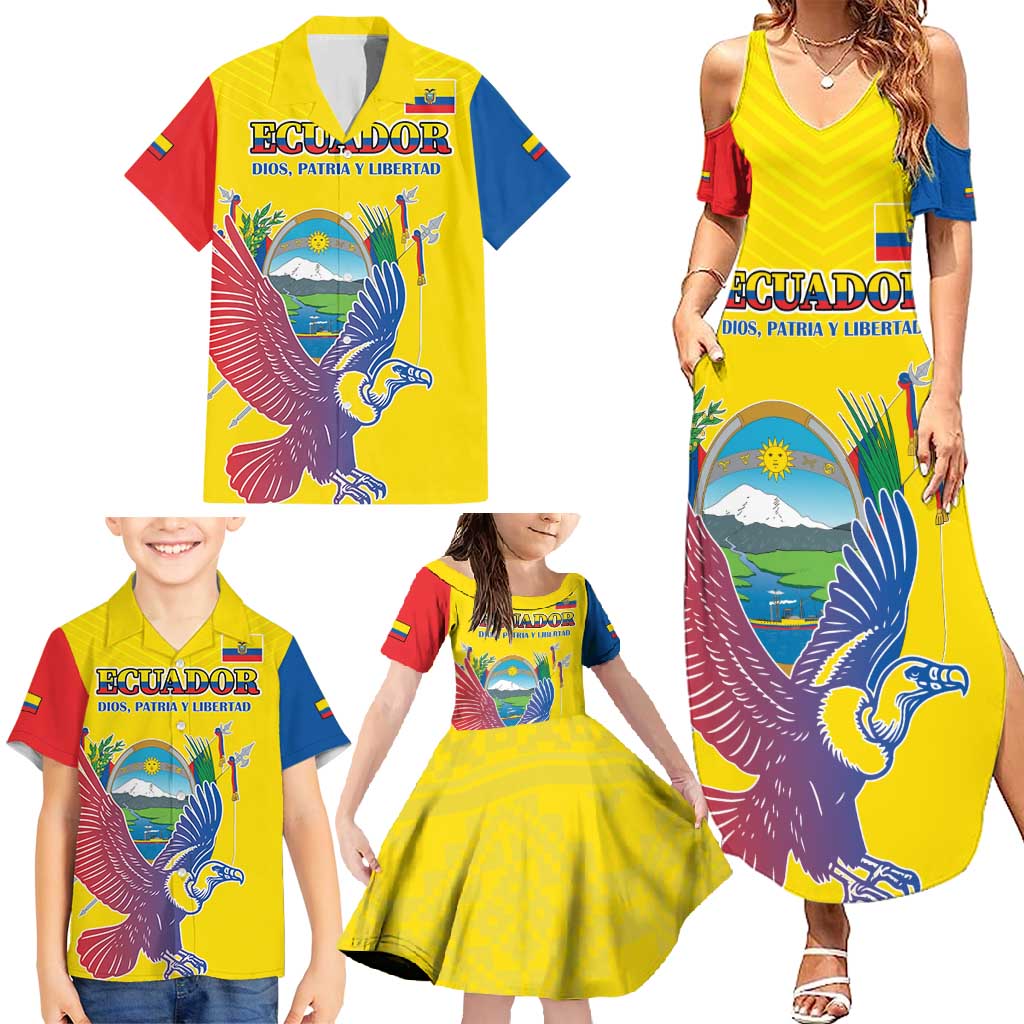 Custom Ecuador Independence Day Family Matching Summer Maxi Dress and Hawaiian Shirt Andean Condor With Coat Of Arms - Wonder Print Shop