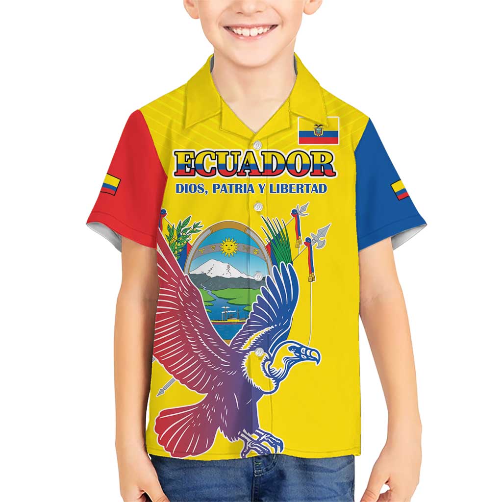 Custom Ecuador Independence Day Kid Hawaiian Shirt Andean Condor With Coat Of Arms - Wonder Print Shop