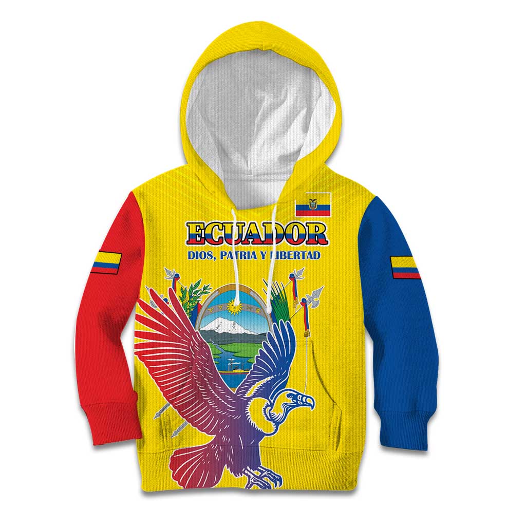 Custom Ecuador Independence Day Kid Hoodie Andean Condor With Coat Of Arms - Wonder Print Shop