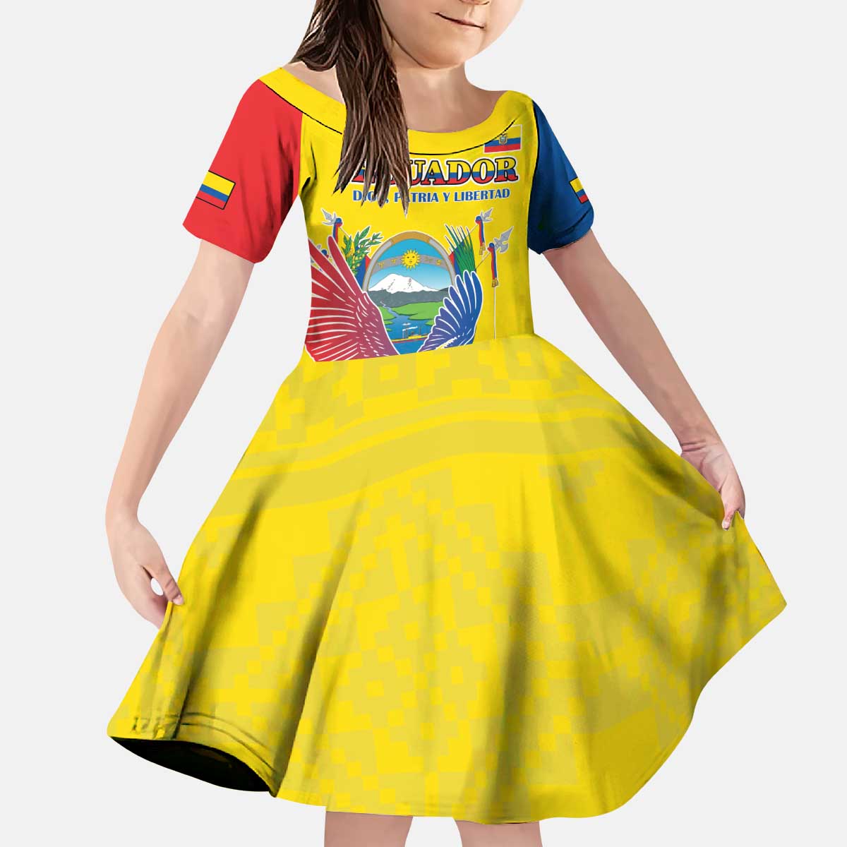 Custom Ecuador Independence Day Kid Short Sleeve Dress Andean Condor With Coat Of Arms - Wonder Print Shop