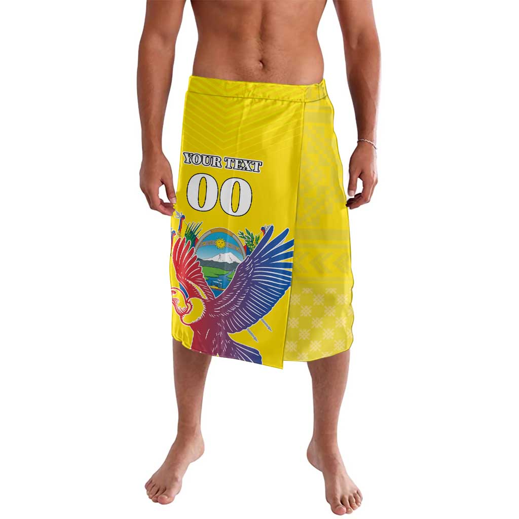Yellow printed lavalava skirt with colorful condor graphic and customizable text