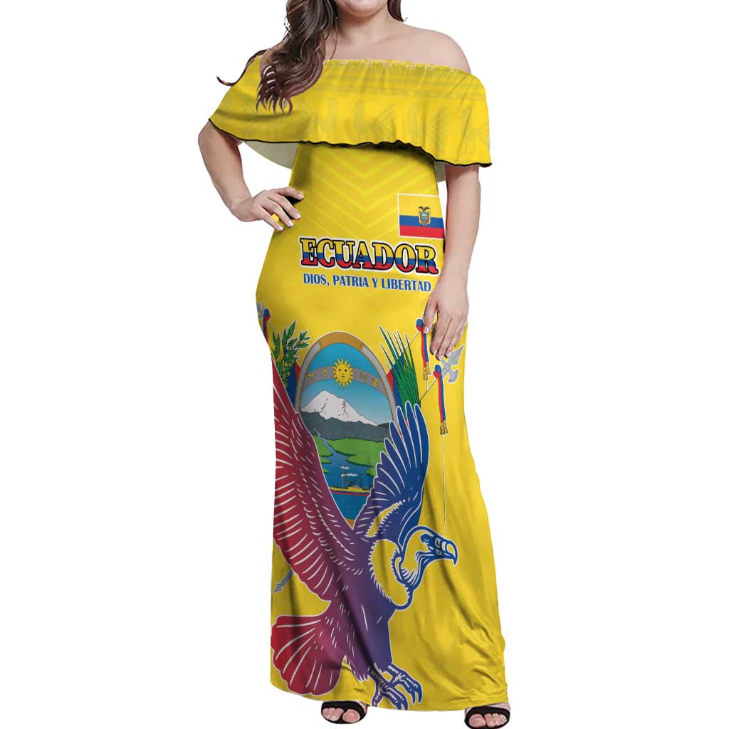 Custom Ecuador Independence Day Off Shoulder Maxi Dress Andean Condor With Coat Of Arms - Wonder Print Shop