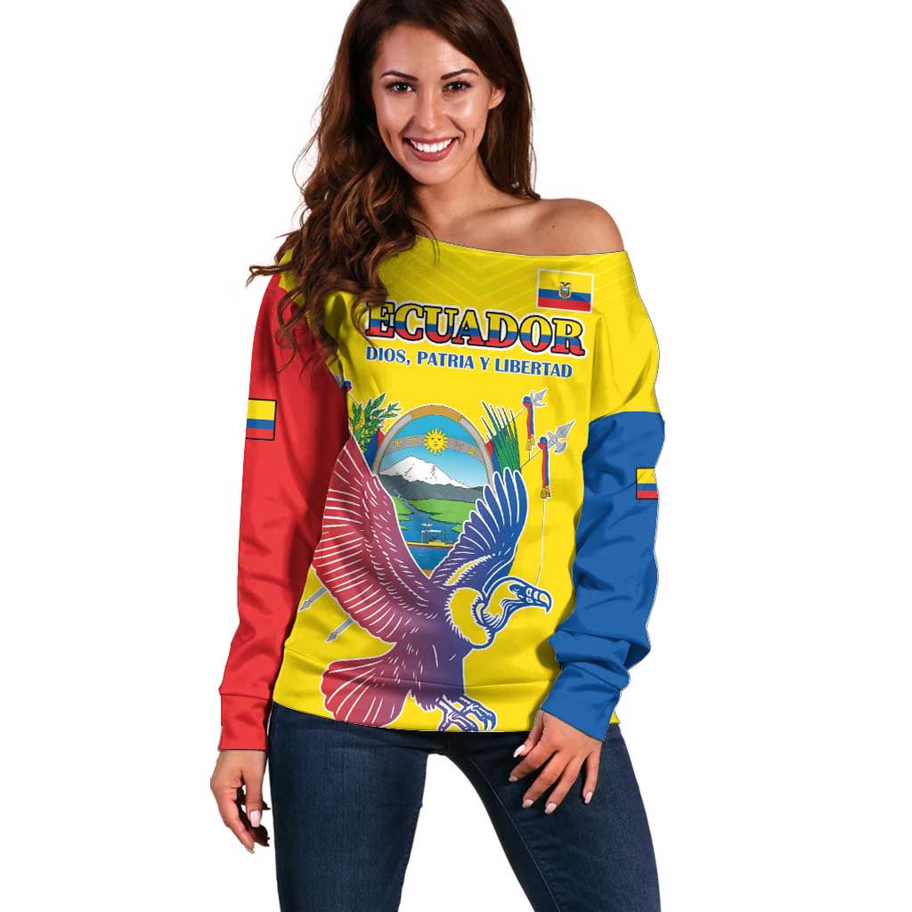 Custom Ecuador Independence Day Off Shoulder Sweater Andean Condor With Coat Of Arms - Wonder Print Shop