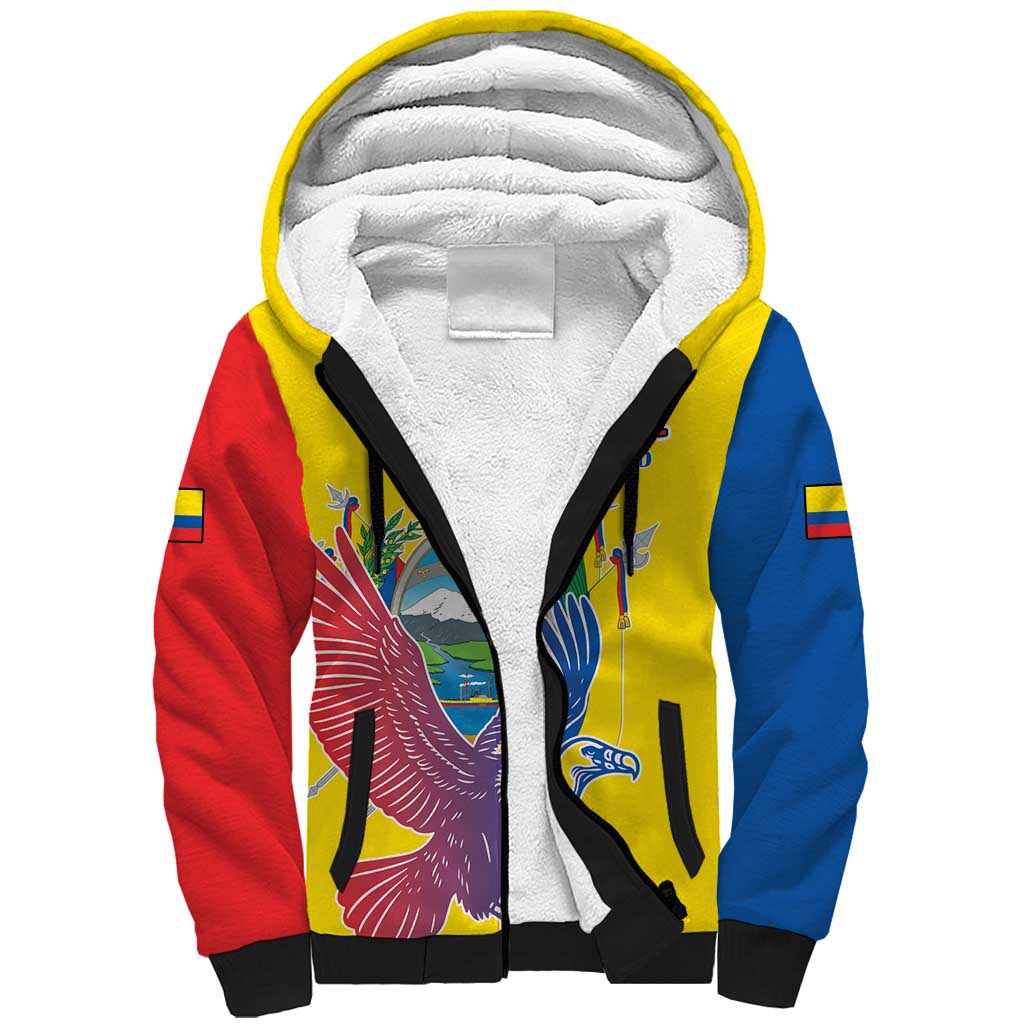 Custom Ecuador Independence Day Sherpa Hoodie Andean Condor With Coat Of Arms - Wonder Print Shop