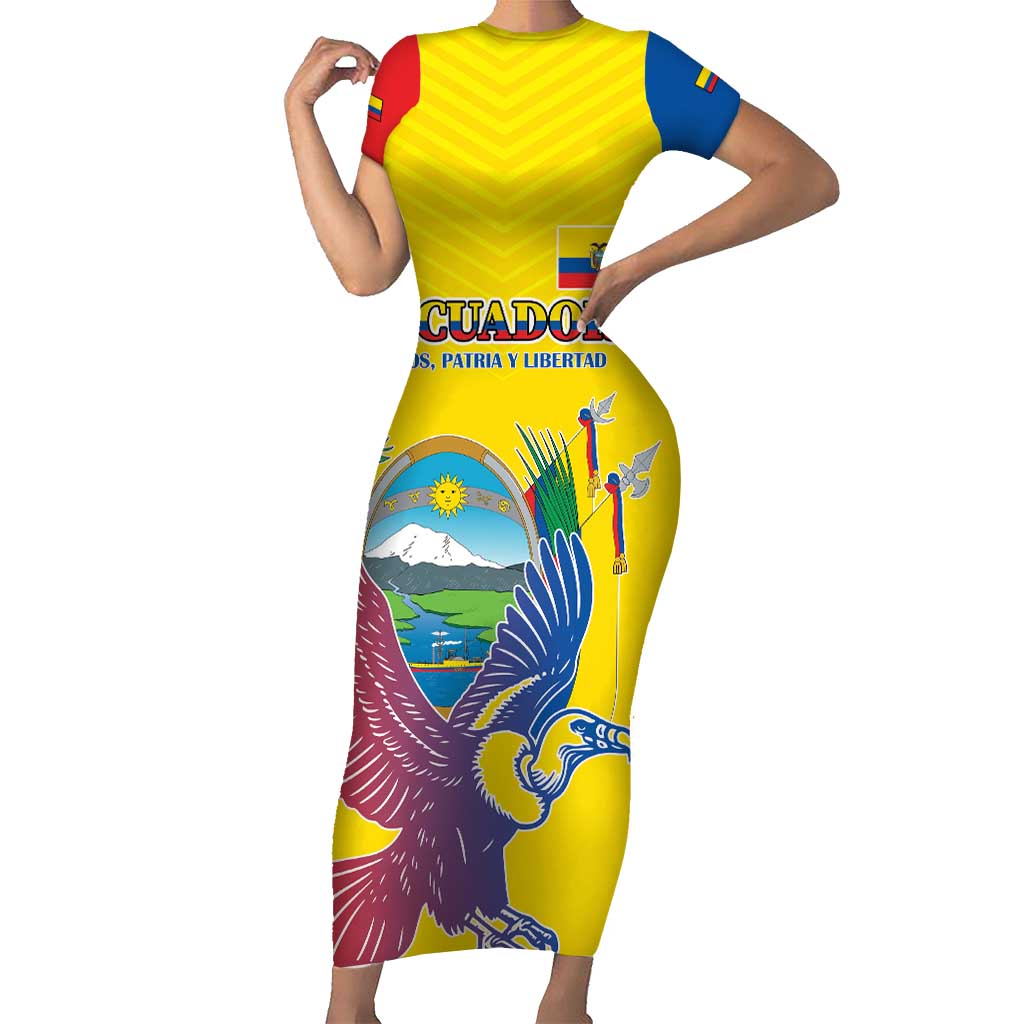 Custom Ecuador Independence Day Short Sleeve Bodycon Dress Andean Condor With Coat Of Arms - Wonder Print Shop