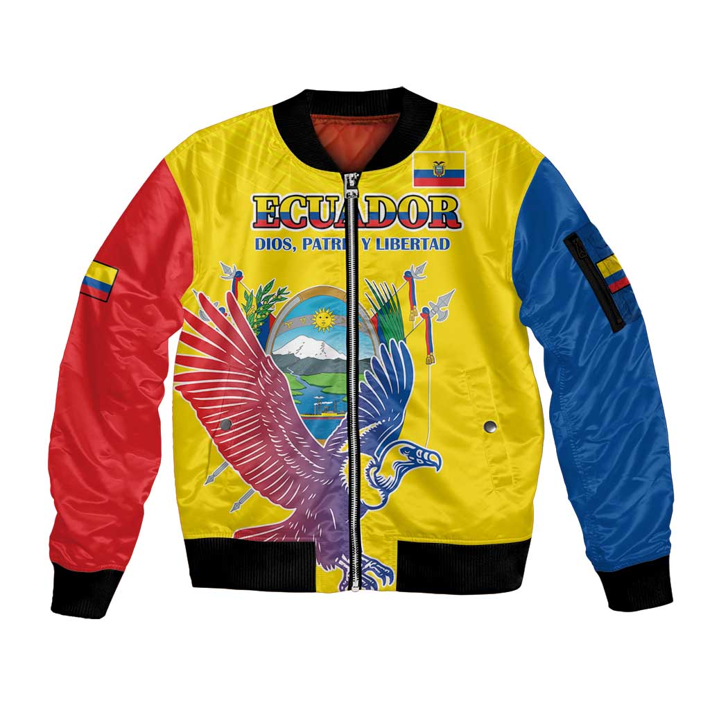 Custom Ecuador Independence Day Sleeve Zip Bomber Jacket Andean Condor With Coat Of Arms - Wonder Print Shop