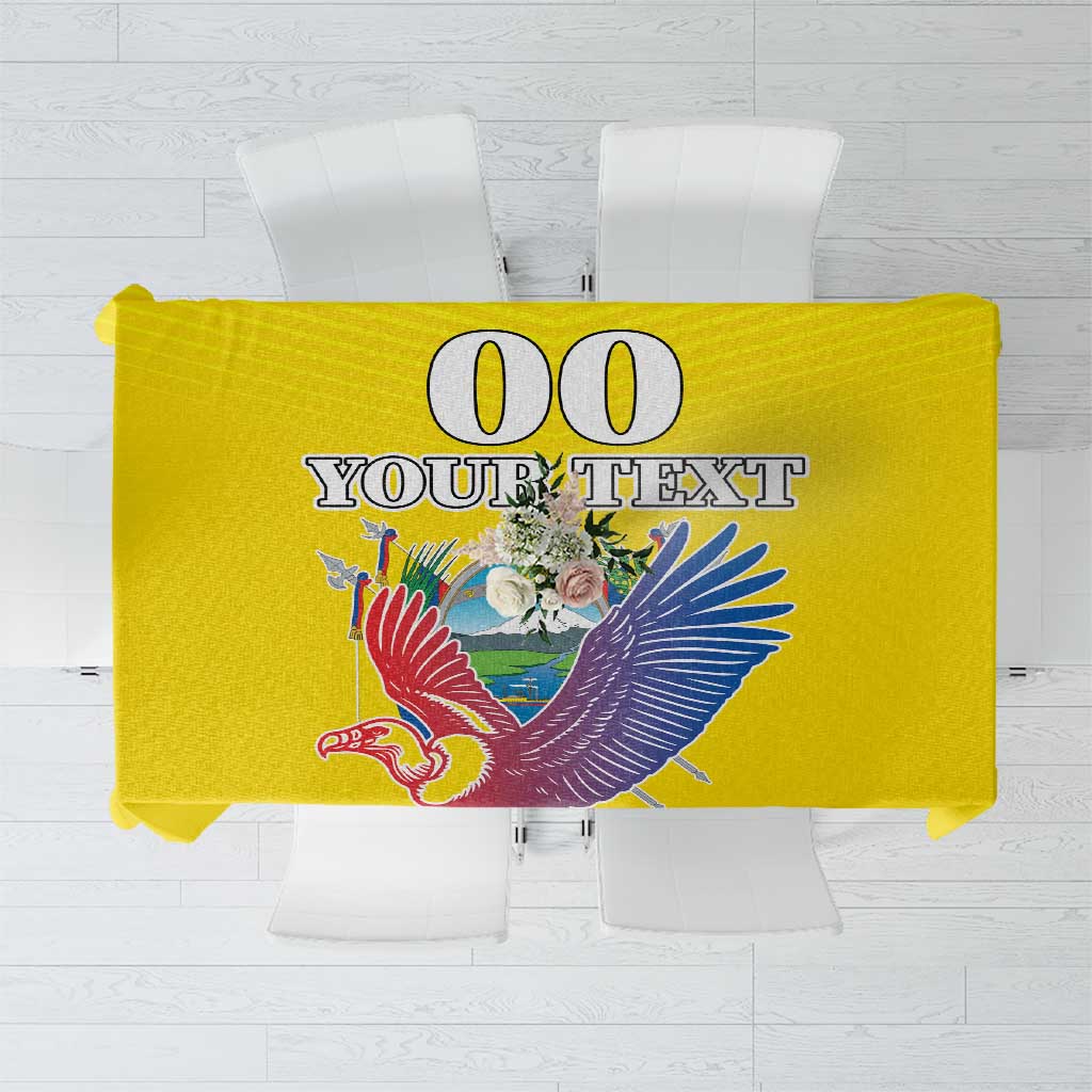 Yellow tablecloth with printed condor, coat of arms, and custom “00 Your Text”