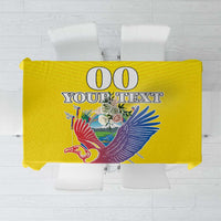 Yellow tablecloth with printed condor, coat of arms, and custom “00 Your Text”
