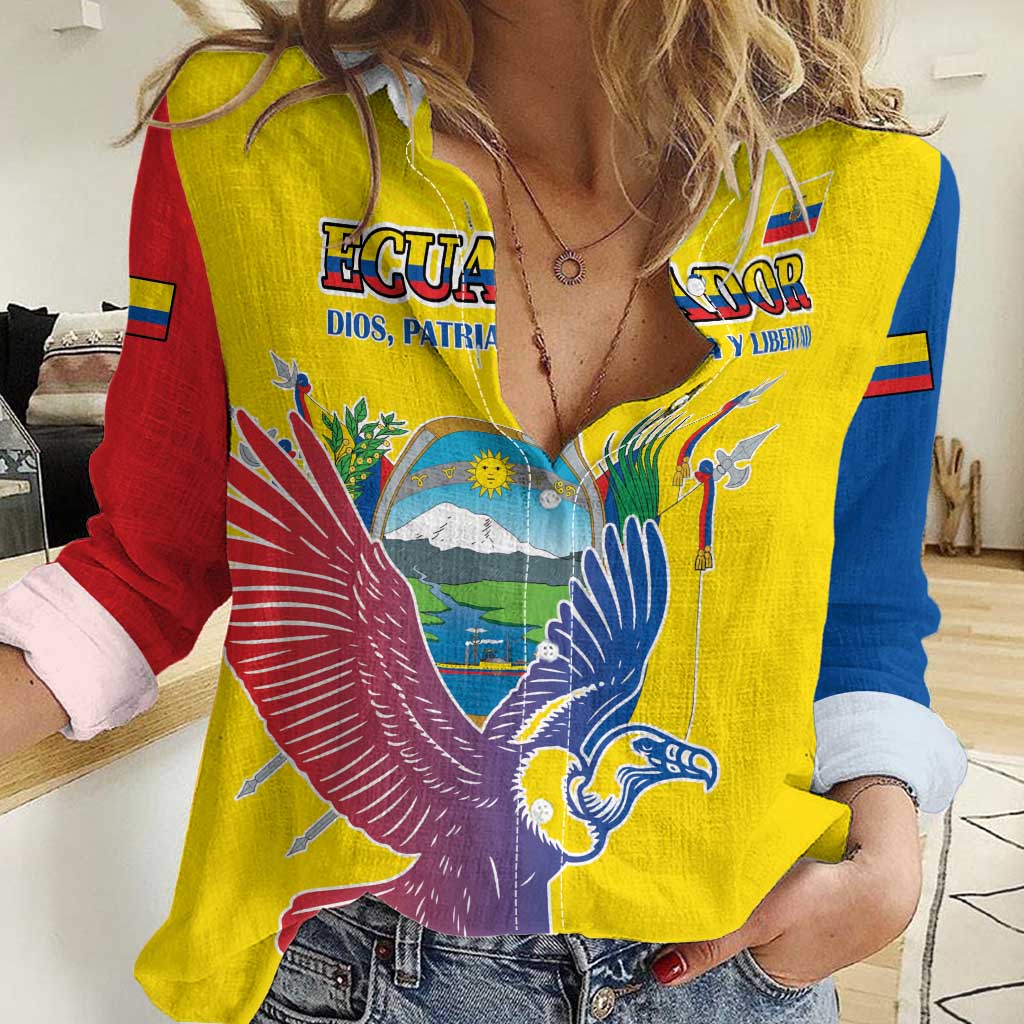 Custom Ecuador Independence Day Women Casual Shirt Andean Condor With Coat Of Arms