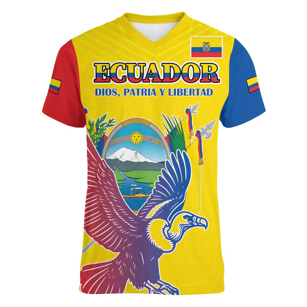 Custom Ecuador Independence Day Women V-Neck T-Shirt Andean Condor With Coat Of Arms - Wonder Print Shop