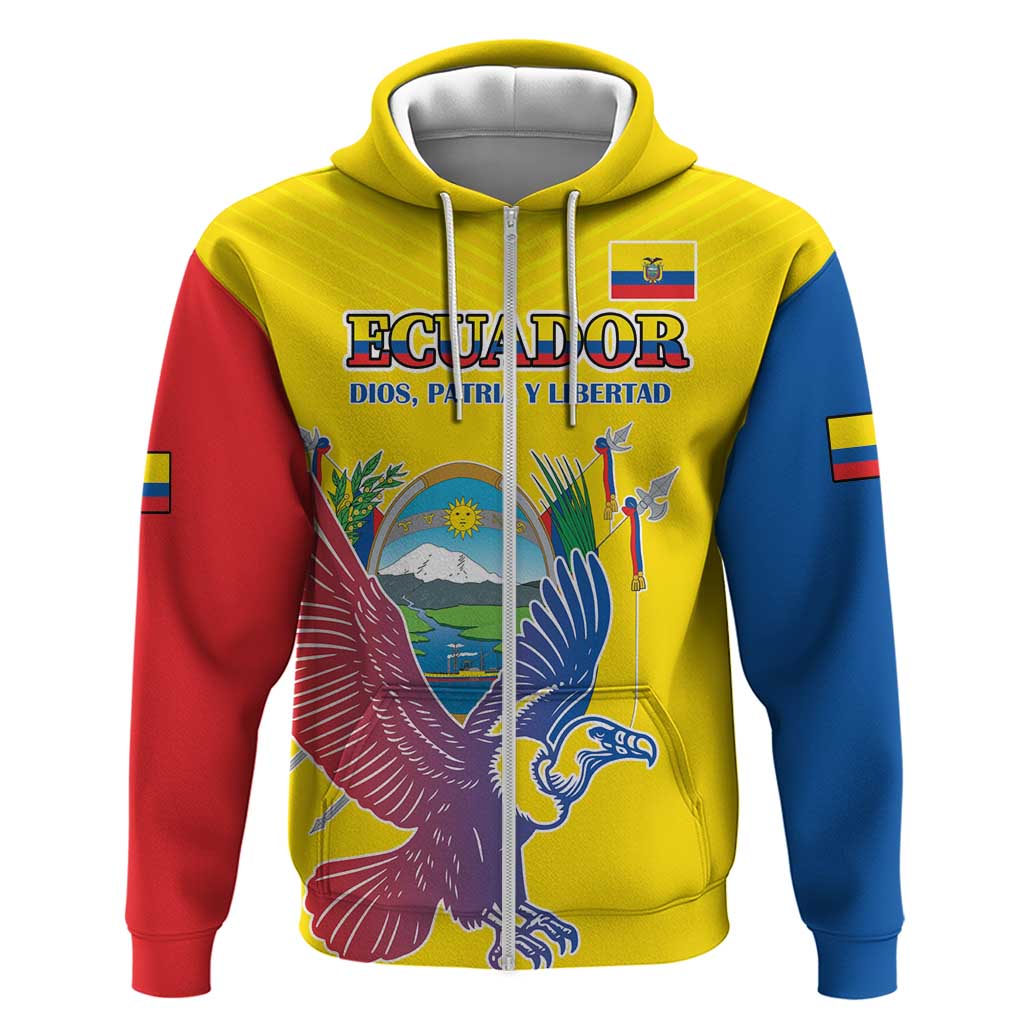 Custom Ecuador Independence Day Zip Hoodie Andean Condor With Coat Of Arms - Wonder Print Shop